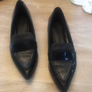 Black, faux leather loafers.